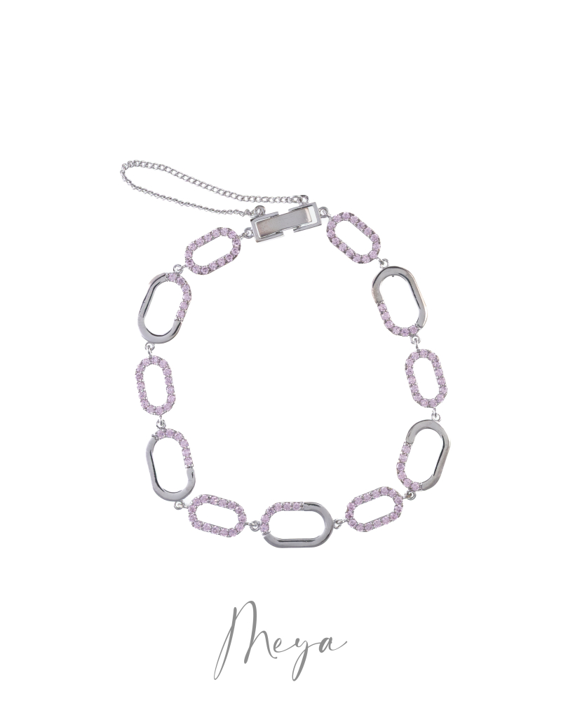 粉鋯石大小圓角方形相連蝴蝶扣手鏈／銀色
