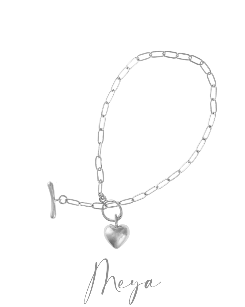 立體愛心吊墜橢圓鍊OT扣手鍊／銀色