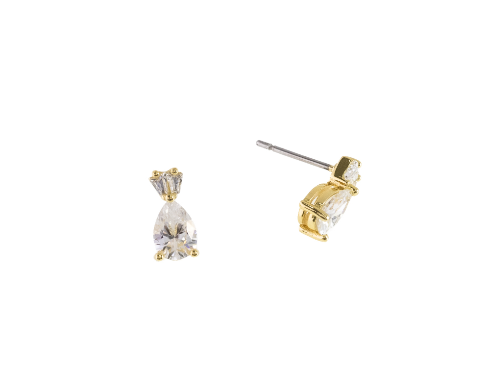 莫桑石4*6mm 水滴雙鑽耳針 / 金色