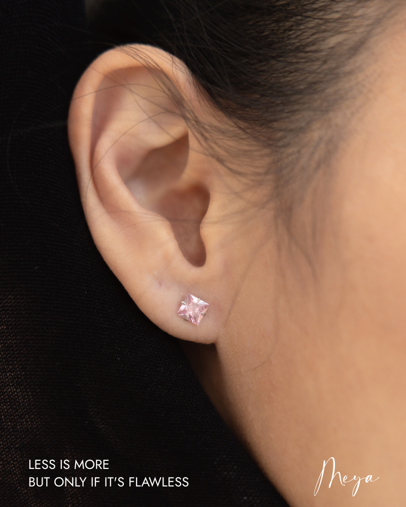 粉色方形貼耳大鋯石 耳環/粉色