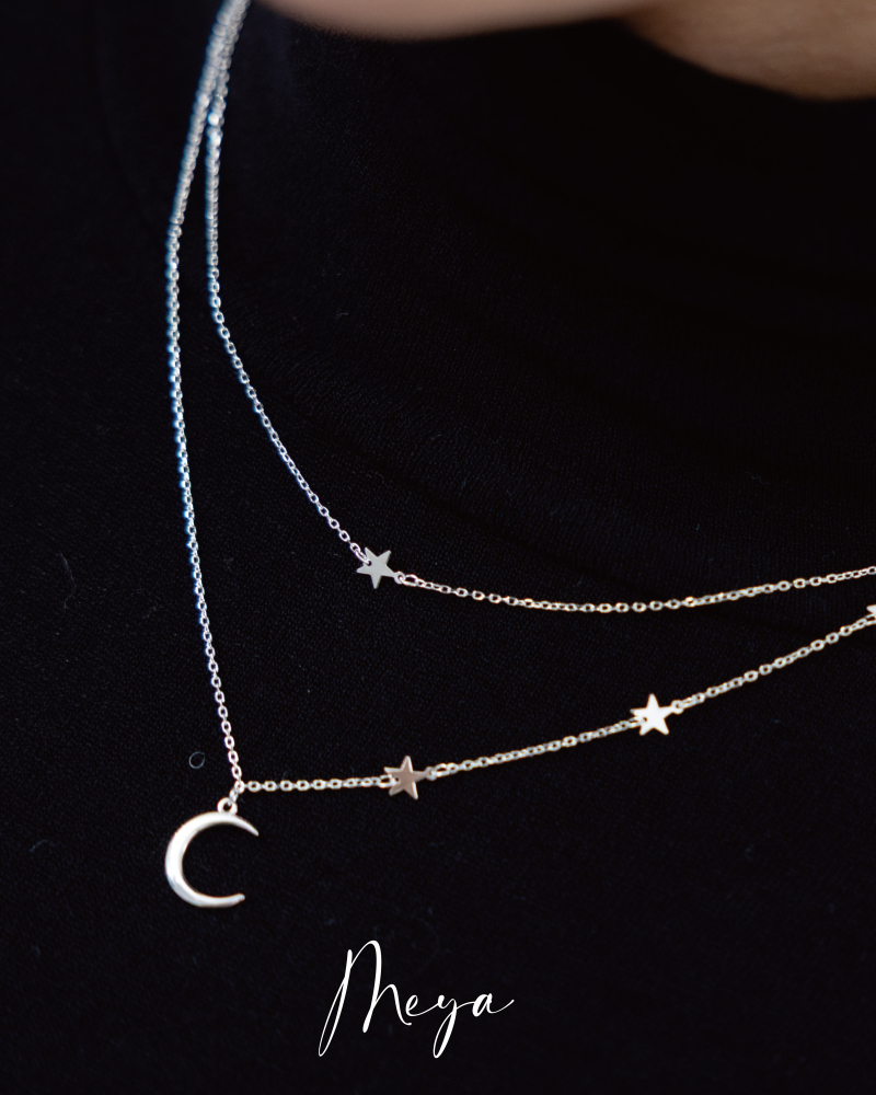 長短雙層鏈 滿天星月 項鏈/銀色