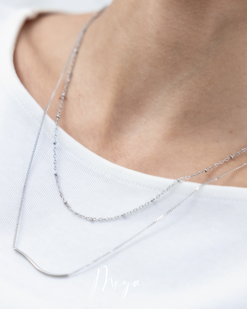 雙層鏈 長喜平鏈橫曲線 短鏈間隔立體小扁圓／銀色