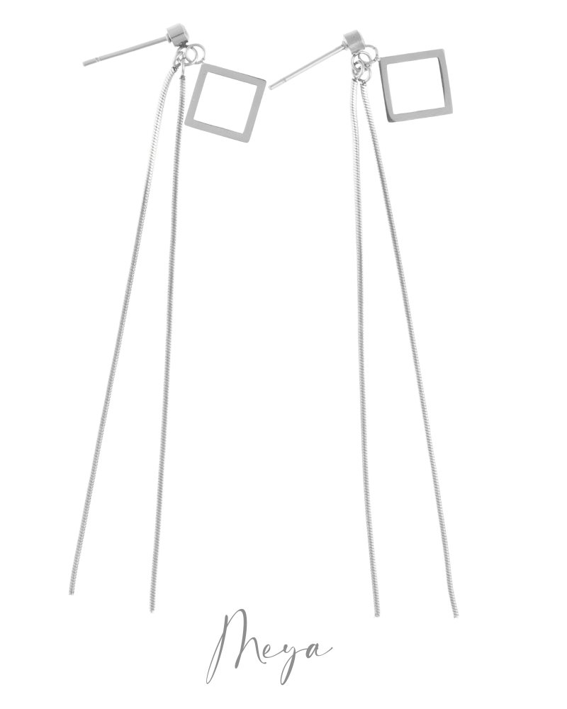 菱形框細蛇鏈 垂墜式耳環／銀色
