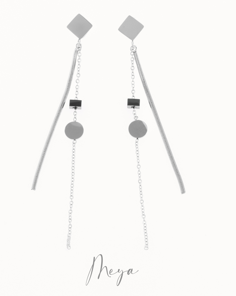 菱形細蛇鏈小豆鏈幾何 垂墜式耳環／銀色