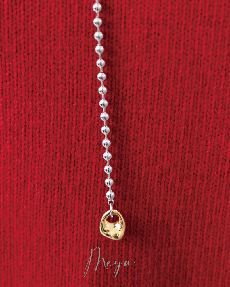 墜金色不規則鎖頭石 圓珠鏈 項鏈／銀色