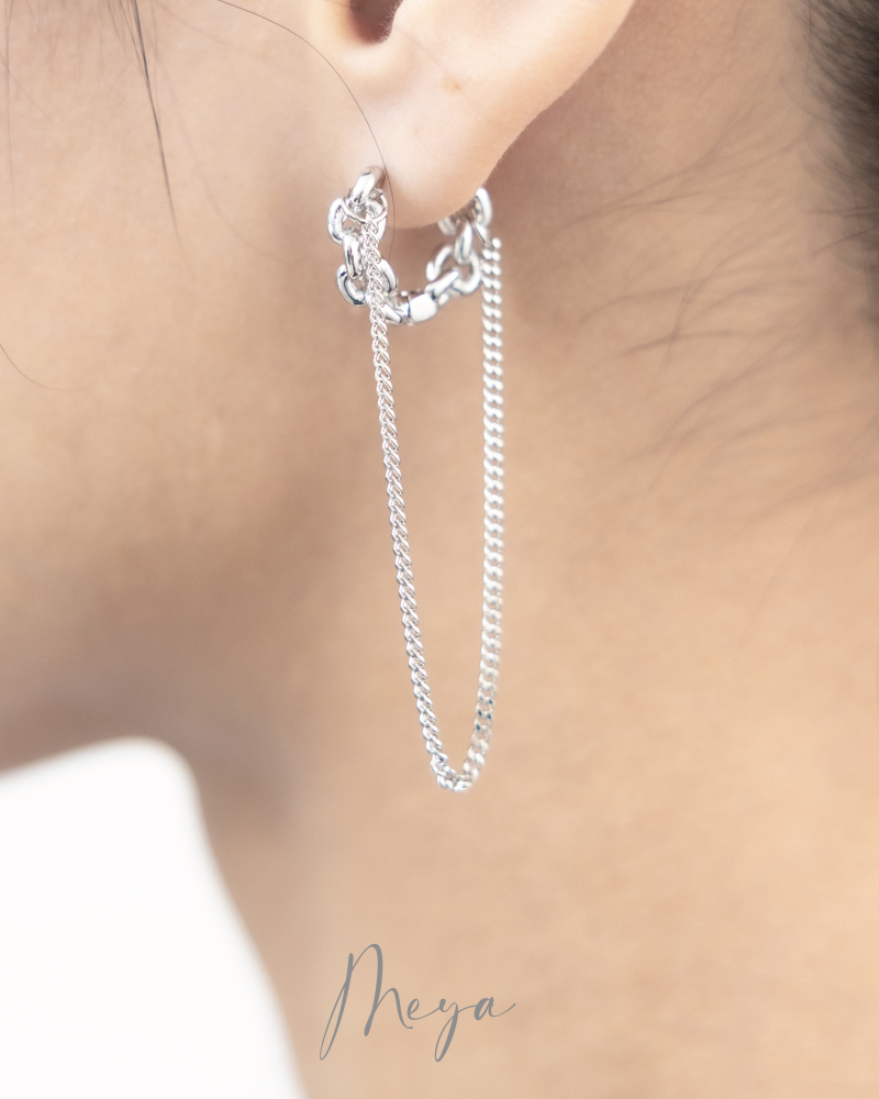 圈型鎖鏈+長圈型小豆鏈 垂墜式耳環/銀色