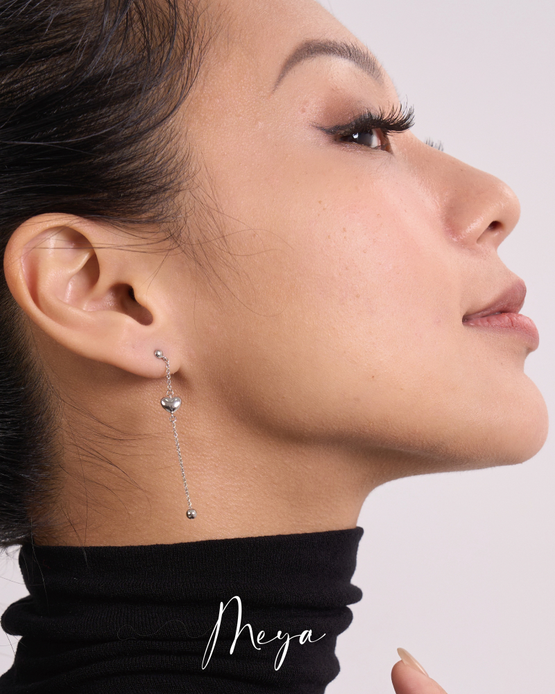 垂墜單顆立體小愛心小圓珠 耳環/銀色