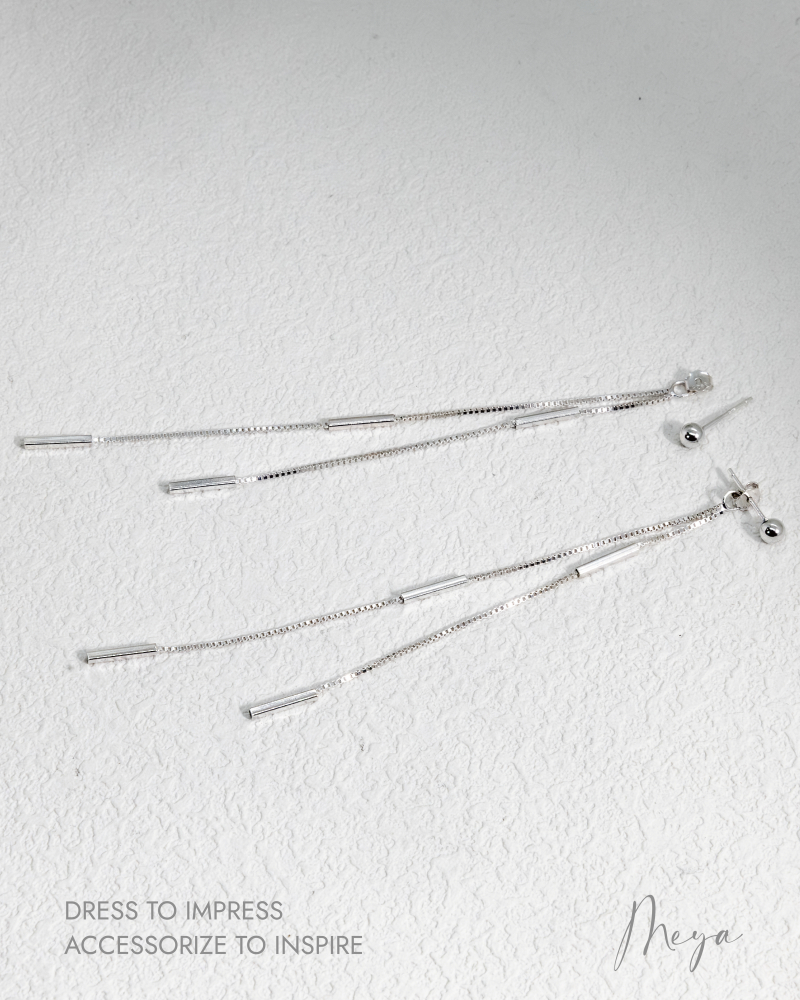 氣質威尼斯鏈接長方柱體 垂墜式耳環／銀色