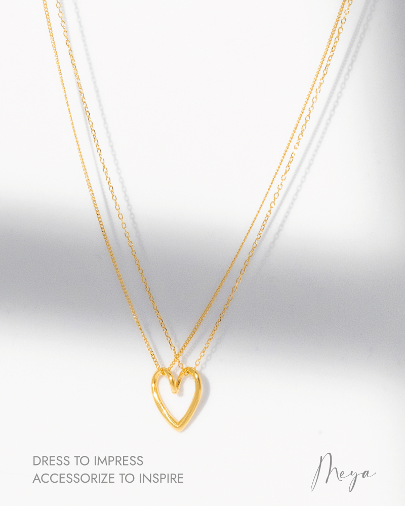 雙層喜平鏈墜金色線條愛心  / 金色