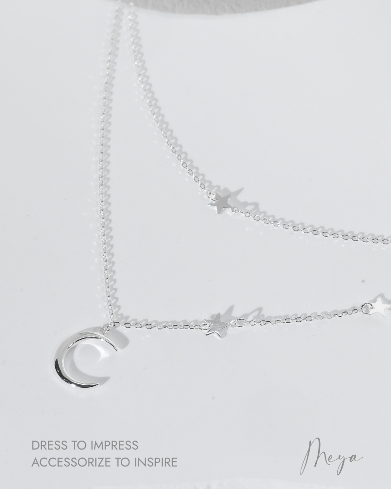 長短雙層鏈 滿天星月 項鏈/銀色