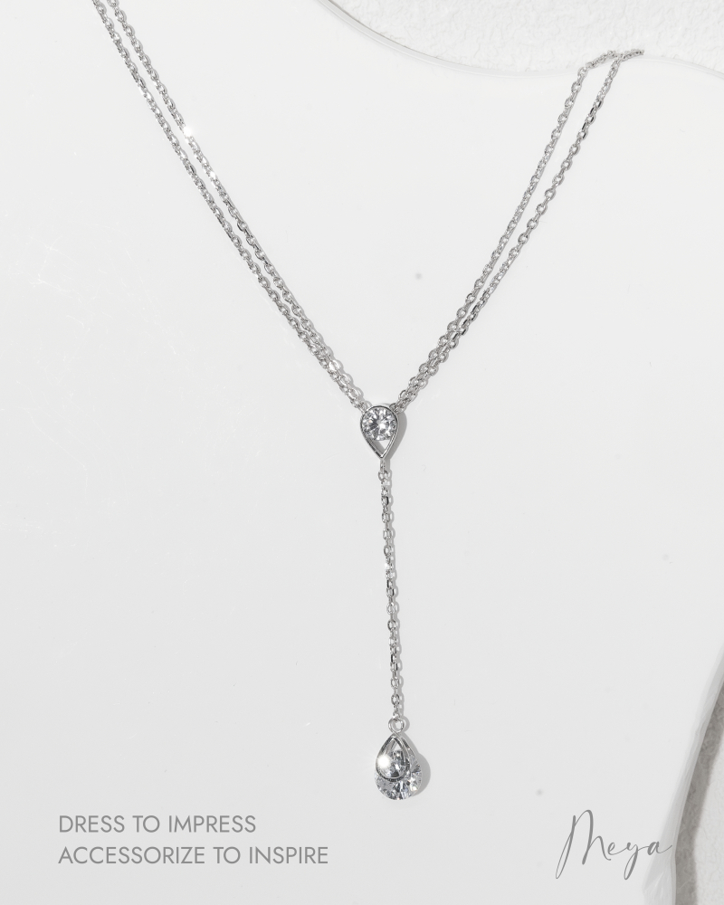 雙層鏈 水滴鋯石垂墜 項鍊/銀色