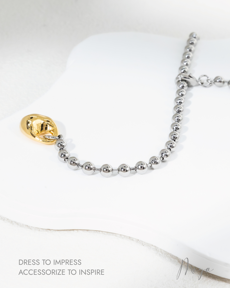 墜金色不規則鎖頭石 圓珠鏈 項鏈／銀色