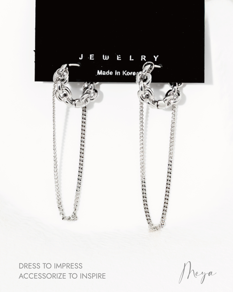 圈型鎖鏈＋長圈型小豆鏈 垂墜式耳環／銀色