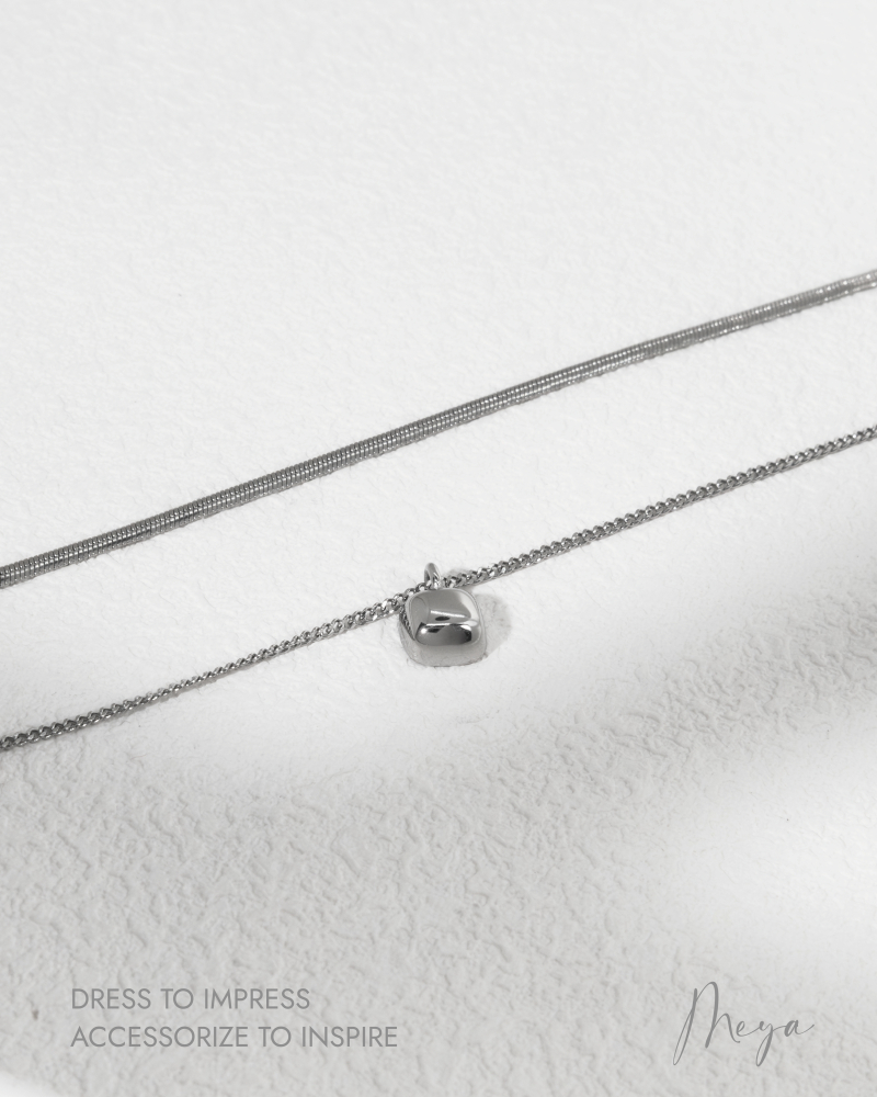 목걸이   雙層空心方晶項鍊   / 銀色