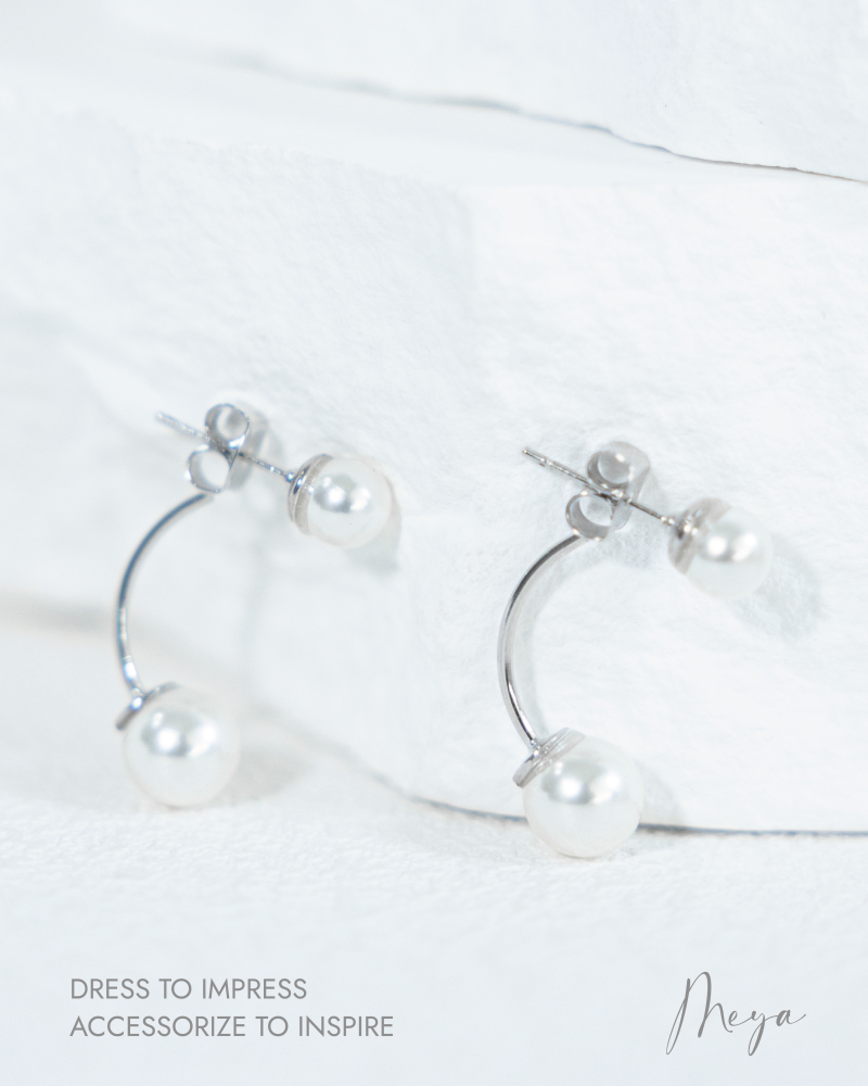귀걸이 圓弧連接大小珍珠耳環 / 銀色