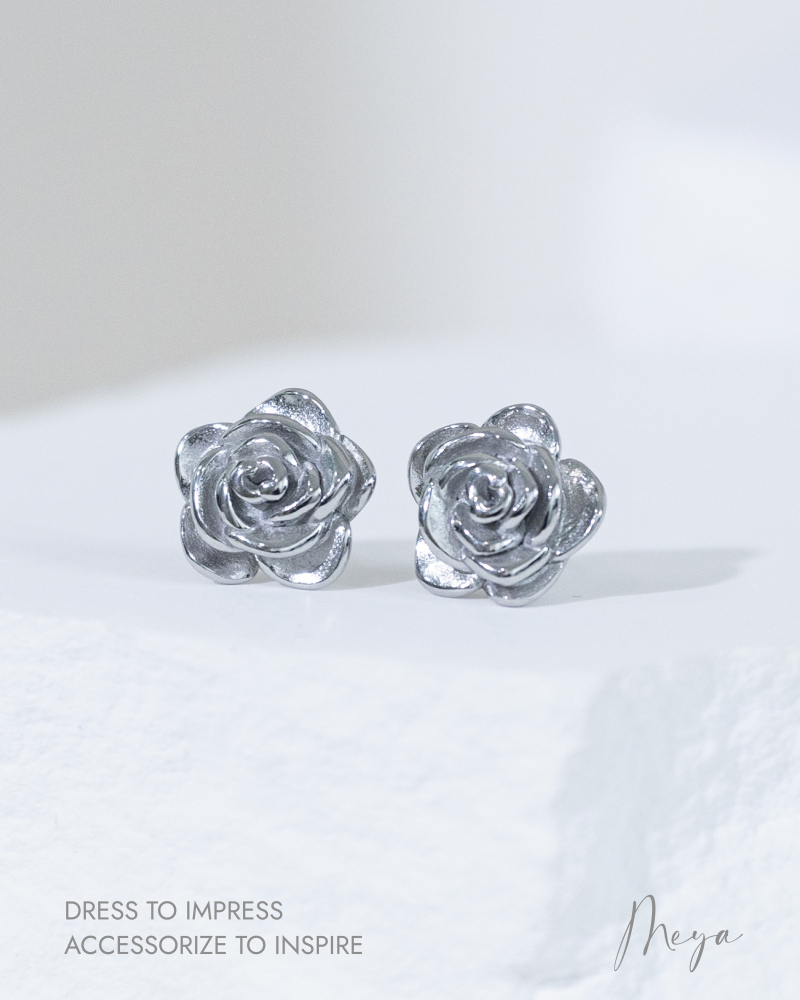 귀걸이 立體玫瑰花耳環 / 銀色