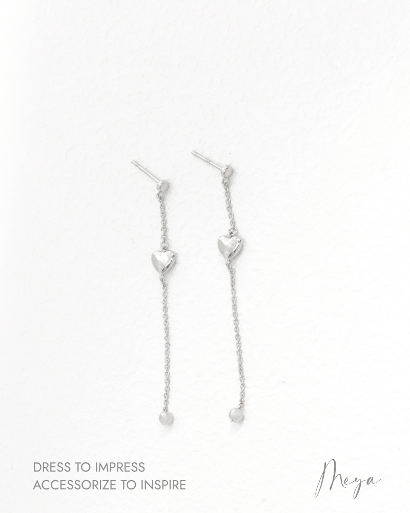 垂墜單顆立體小愛心小圓珠 耳環/銀色