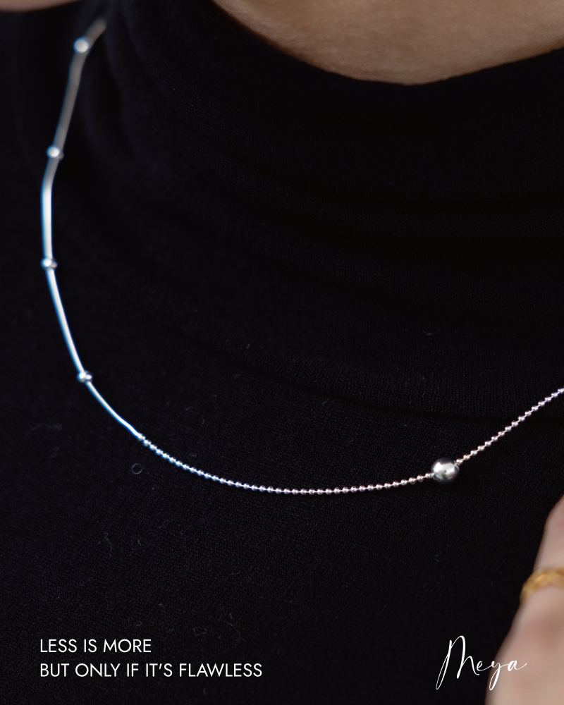 小圓珠鍊拼長間隔圓珠鍊 項鍊／銀色