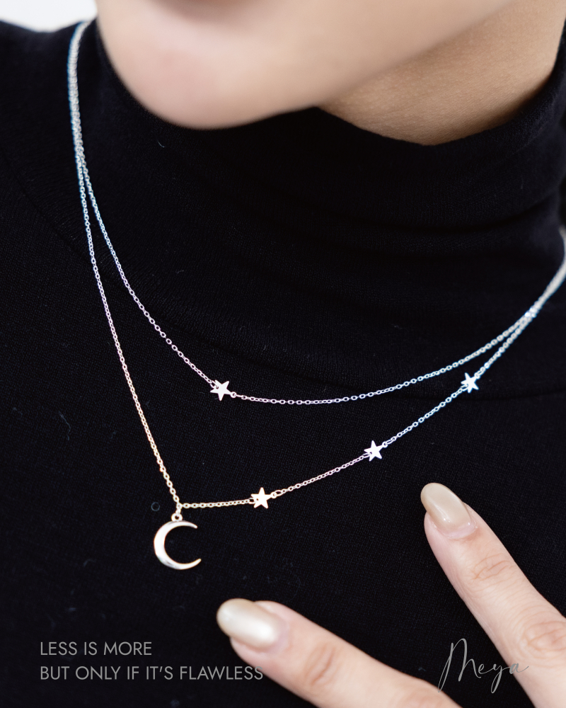 長短雙層鏈 滿天星月 項鏈/銀色
