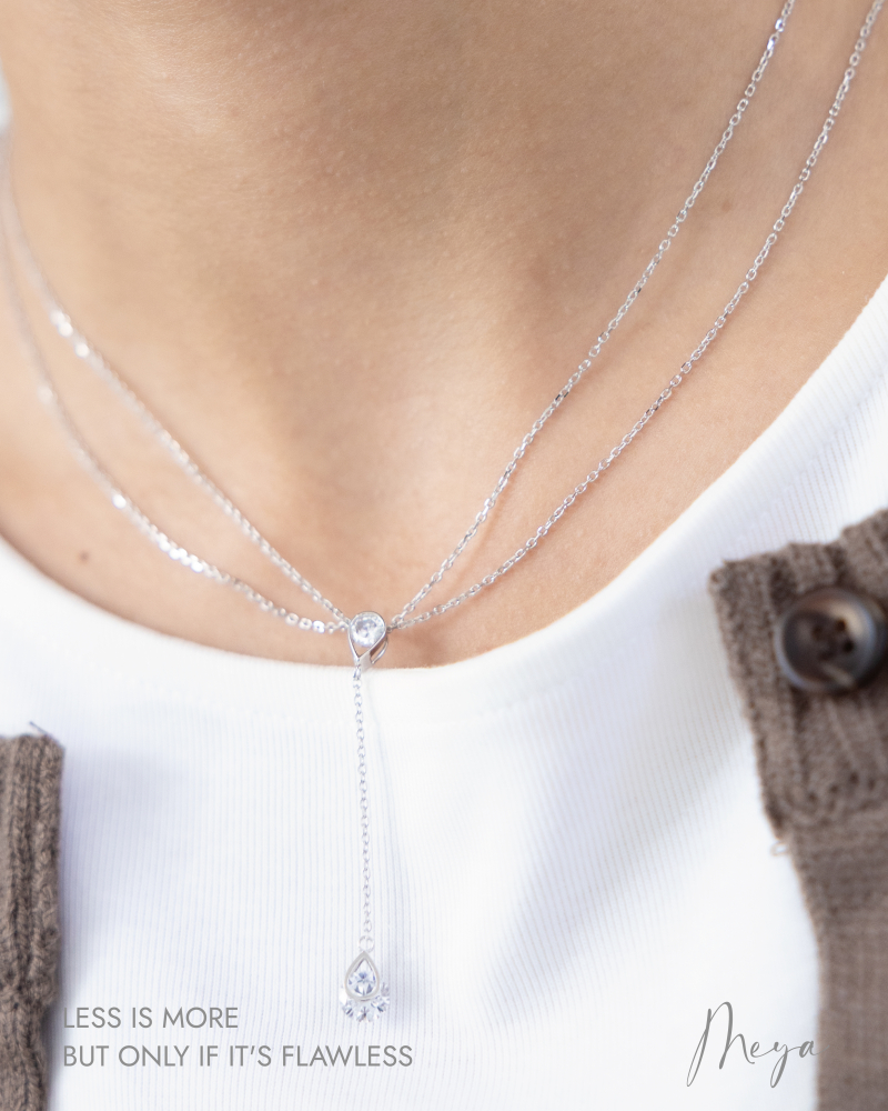 雙層鏈 水滴鋯石垂墜 項鍊/銀色