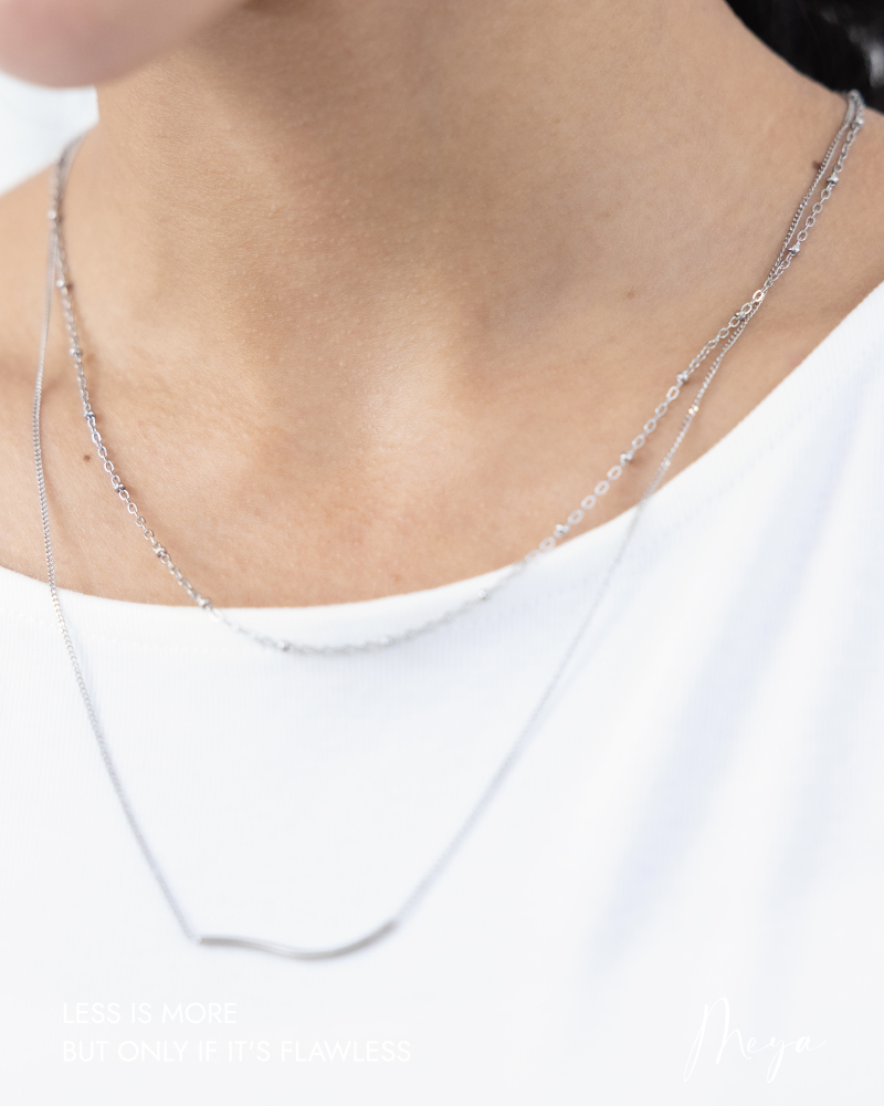 雙層鏈 長喜平鏈橫曲線 短鏈間隔立體小扁圓／銀色