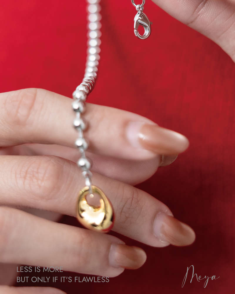 墜金色不規則鎖頭石 圓珠鏈 項鏈／銀色