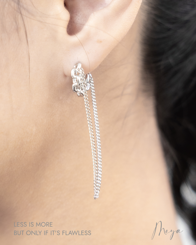 圈型鎖鏈+長圈型小豆鏈 垂墜式耳環/銀色