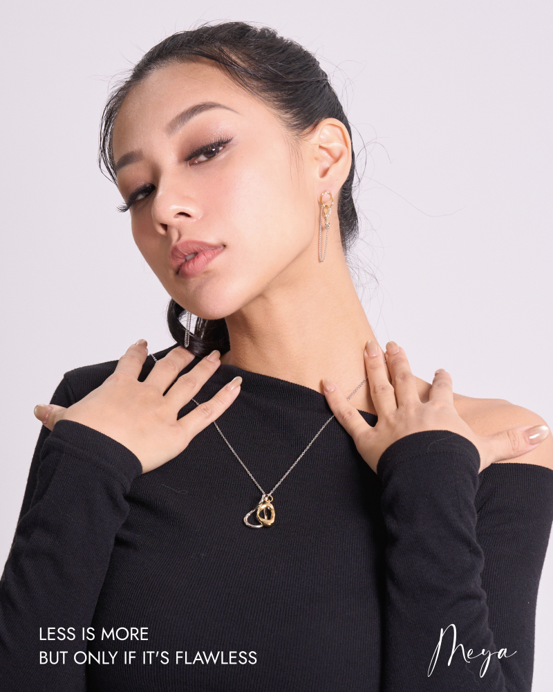 兩雙色不規則圈吊墜長項鏈 / 銀色鏈