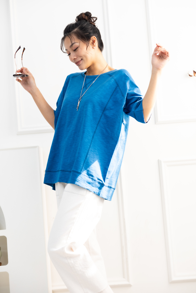 반팔 素色圓領短袖上衣/藍色