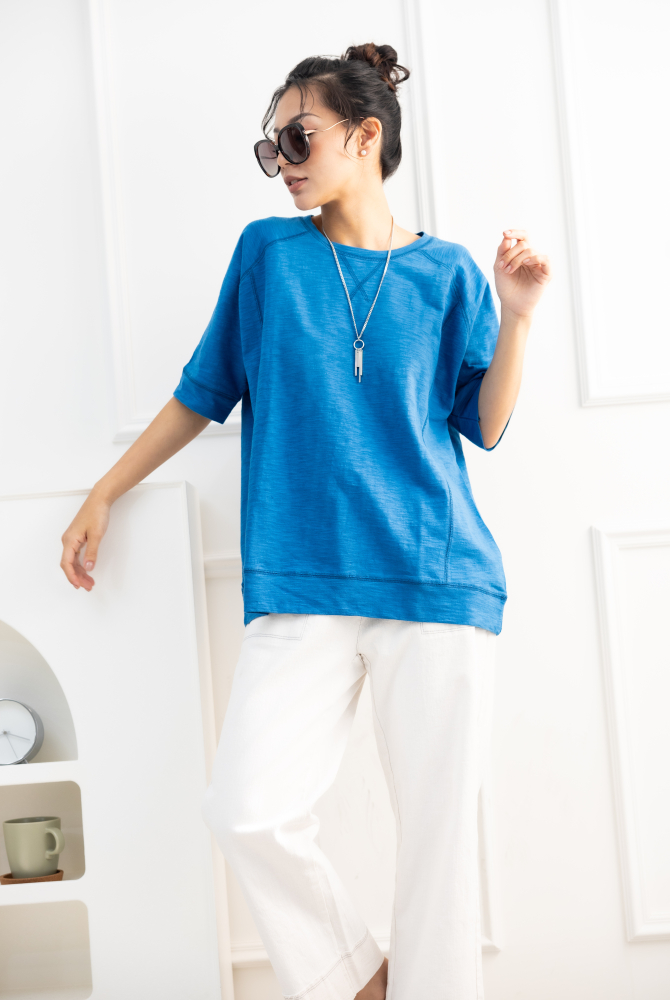 반팔 素色圓領短袖上衣/藍色
