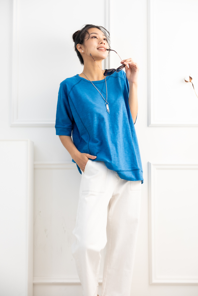 반팔 素色圓領短袖上衣/藍色