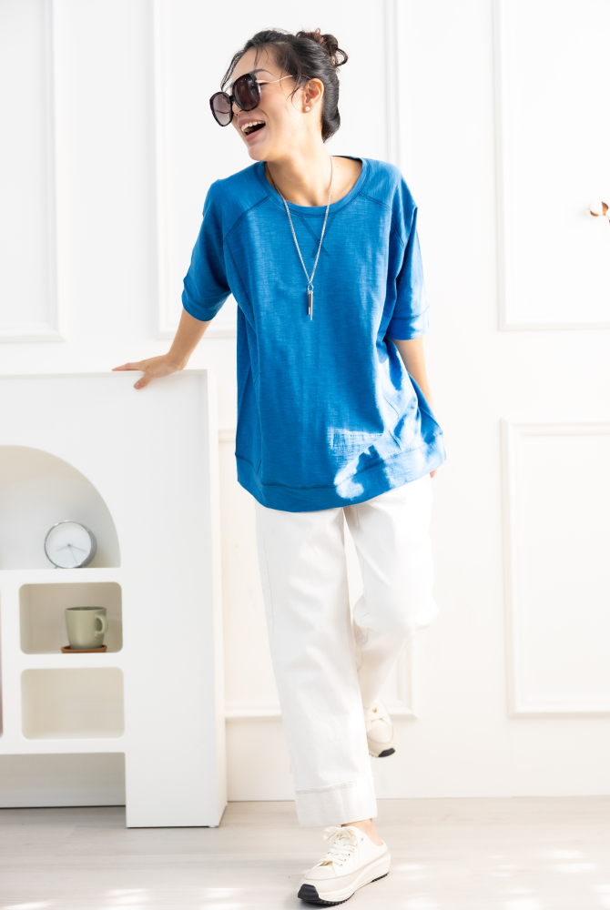 반팔 素色圓領短袖上衣/藍色