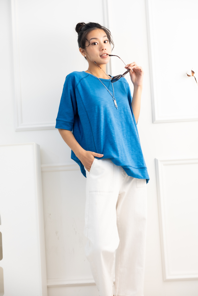반팔 素色圓領短袖上衣/藍色