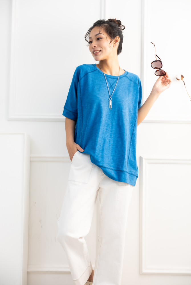 반팔 素色圓領短袖上衣/藍色