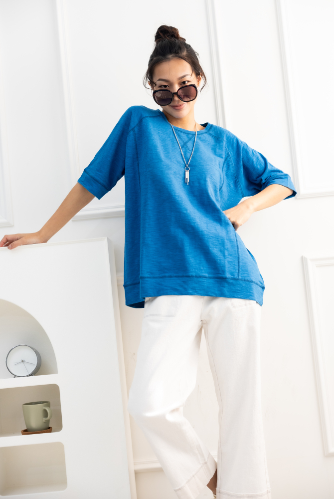 반팔 素色圓領短袖上衣/藍色