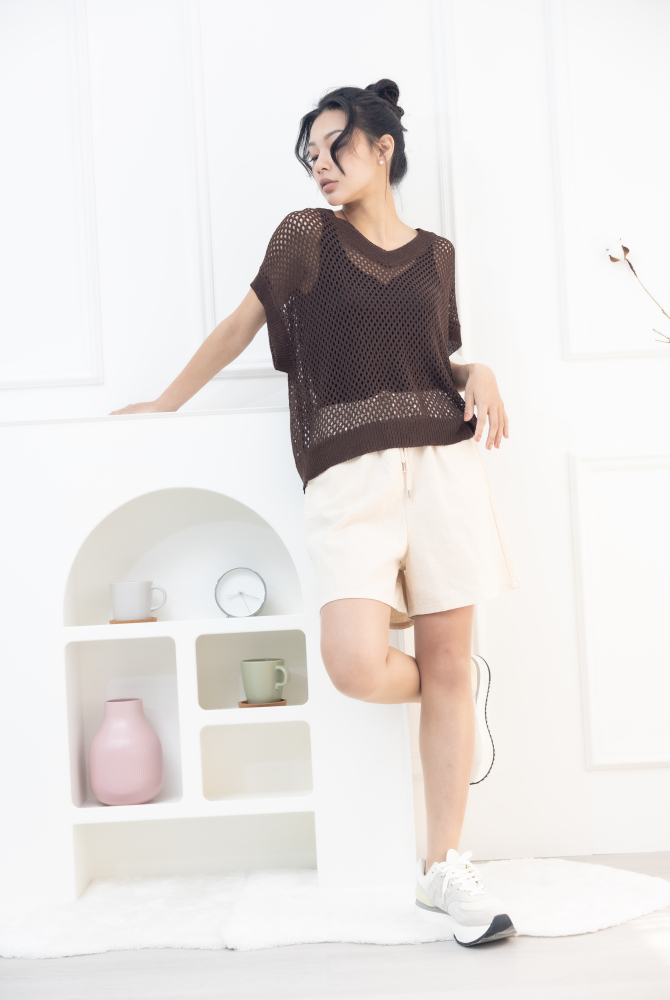 반바지 棉麻抽繩五分褲／淺卡其色