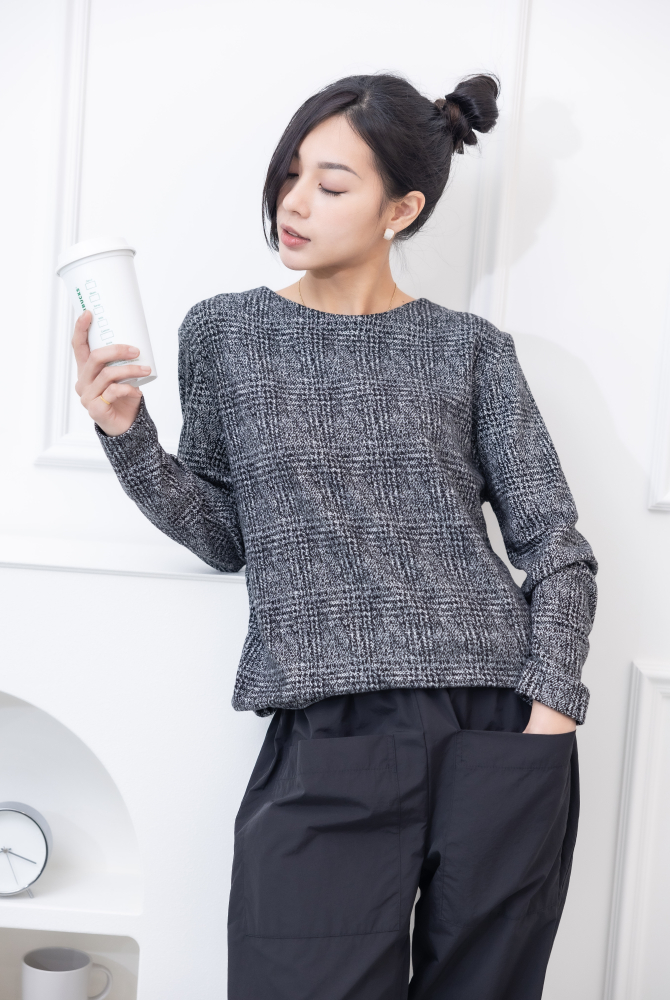 긴팔 千鳥格毛料長袖上衣 / 黑白