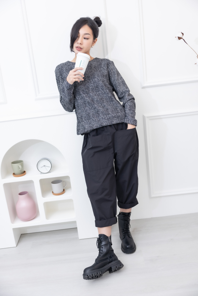 긴팔 千鳥格毛料長袖上衣 / 黑白