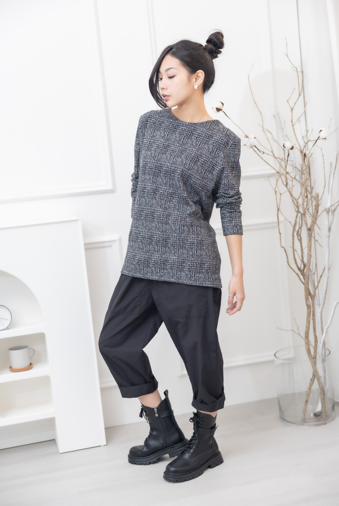 긴팔 千鳥格毛料長袖上衣 / 黑白