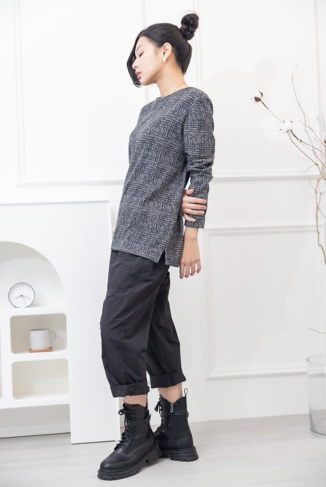 긴팔 千鳥格毛料長袖上衣 / 黑白