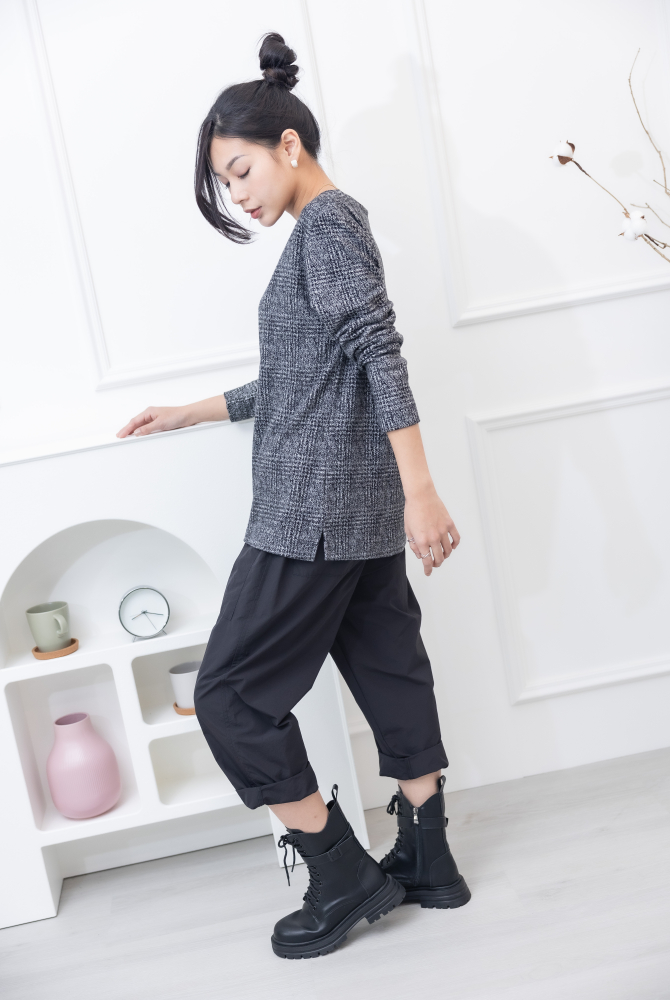 긴팔 千鳥格毛料長袖上衣 / 黑白