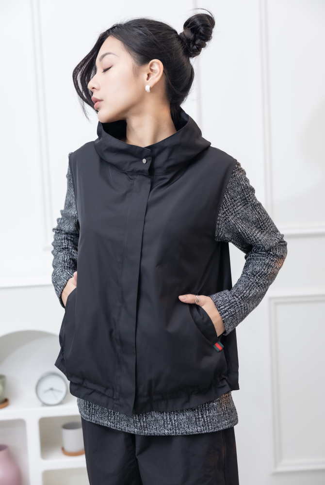 긴팔 千鳥格毛料長袖上衣 / 黑白