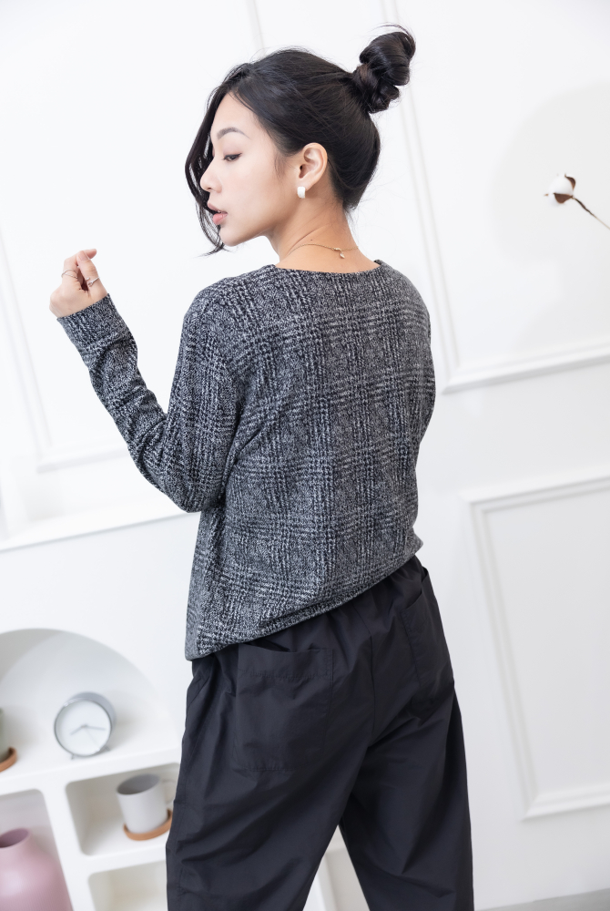 긴팔 千鳥格毛料長袖上衣 / 黑白