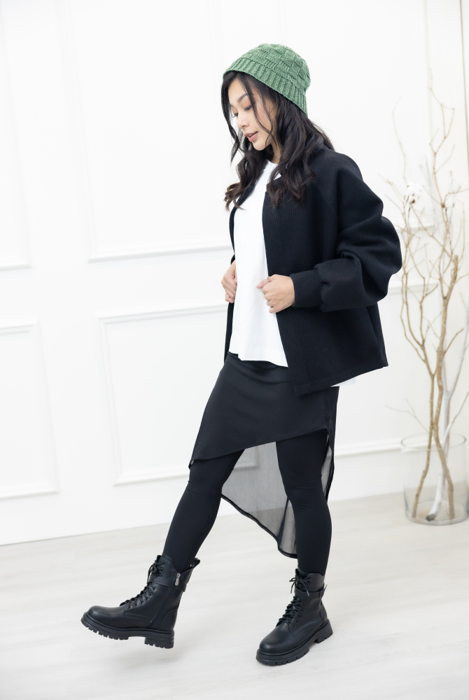 긴 바지 假2件不規則紗裙彈性褲 /黑色