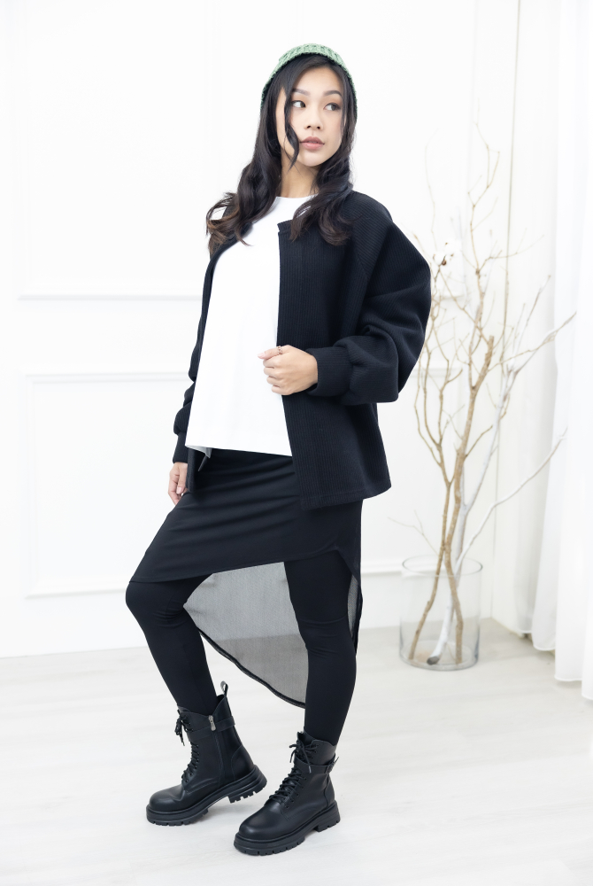 긴 바지 假2件不規則紗裙彈性褲 /黑色