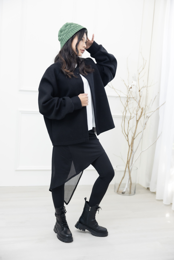 긴 바지 假2件不規則紗裙彈性褲 /黑色