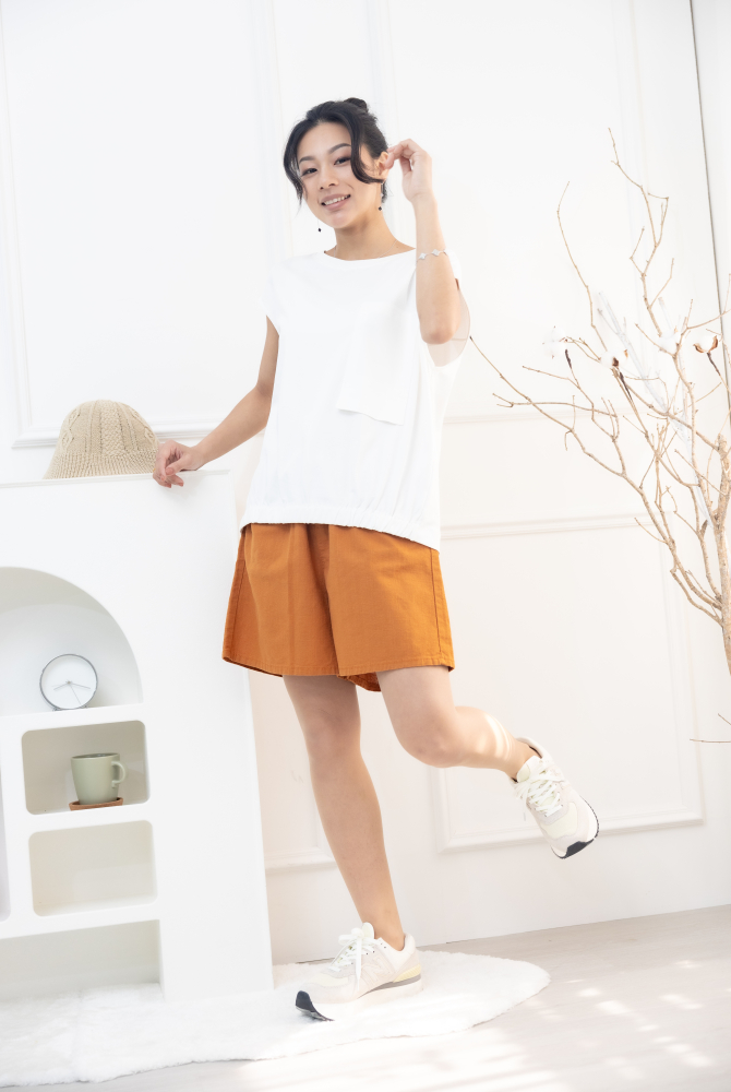 반바지 棉麻抽繩五分褲／燃橙色