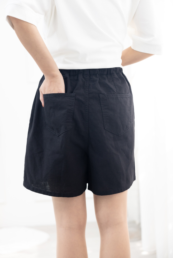 반바지 棉麻抽繩五分褲/黑色