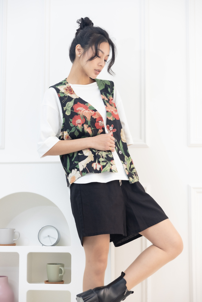 반바지 棉麻抽繩五分褲/黑色