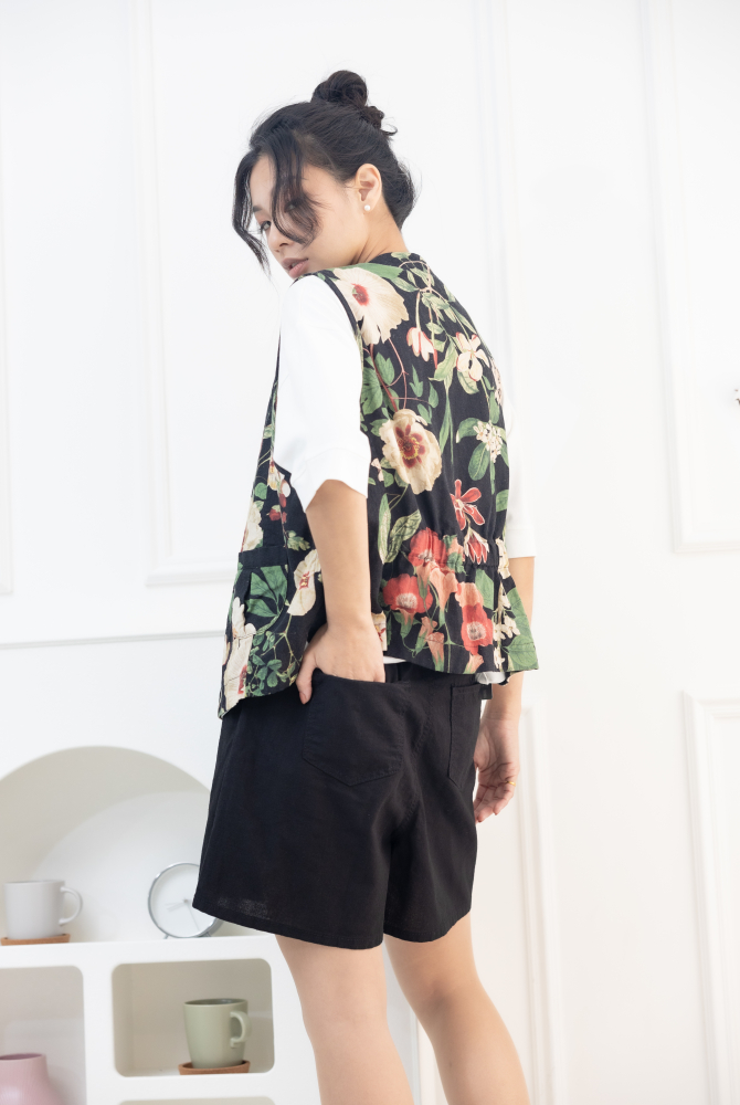 반바지 棉麻抽繩五分褲/黑色